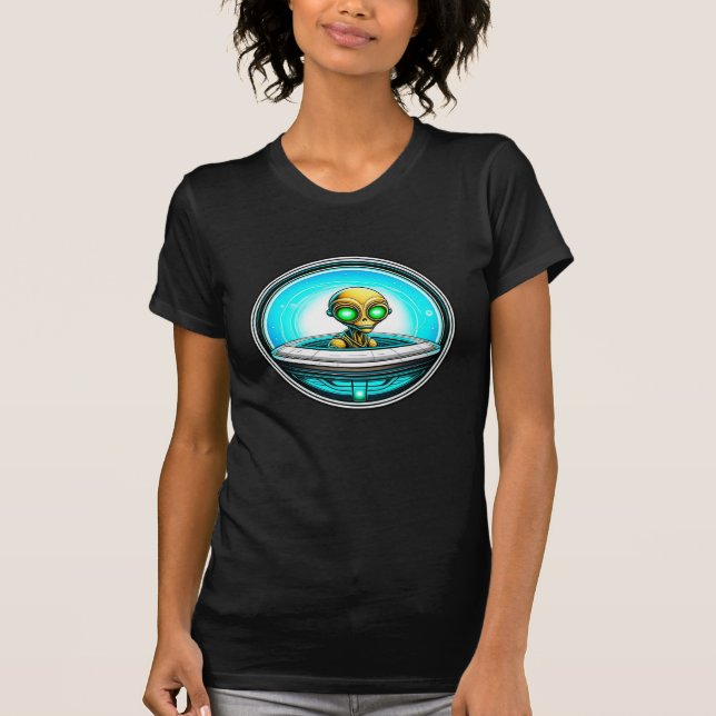 Extra Terrestrial Alien Flying a UFO T-Shirt (Front)