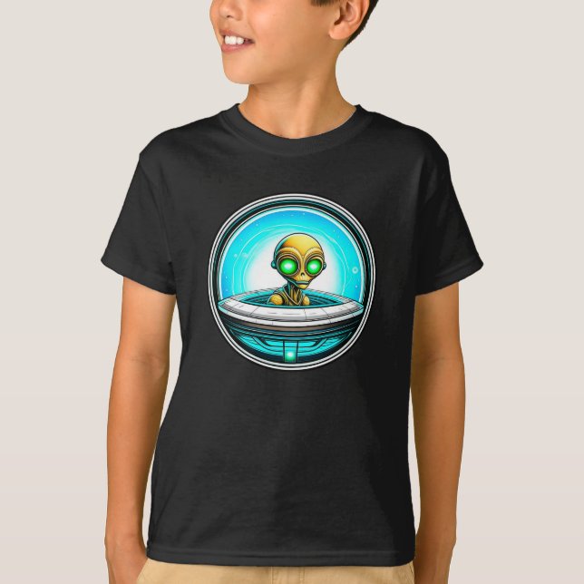 Extra Terrestrial Alien Flying a UFO T-Shirt (Front)
