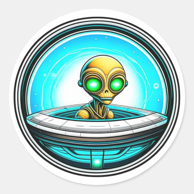 Extra Terrestrial Alien Flying in a UFO Classic Round Sticker (Front)