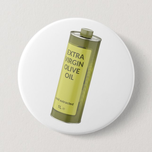 Extra virgin olive oil in a round tin bottle 7.5 cm round badge (Front)