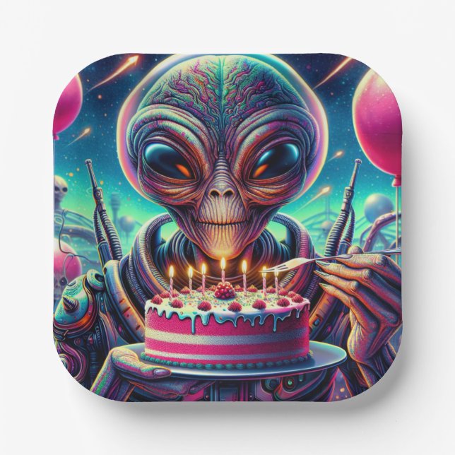 Extraterrestrial Alien Being eating Birthday Cake  Paper Plate (Front)