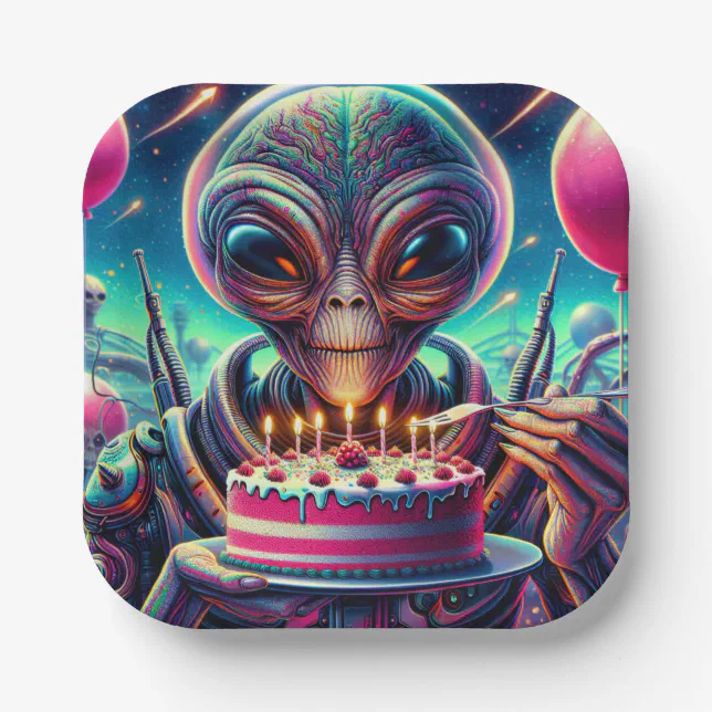 Extraterrestrial Alien Being eating Birthday Cake Paper Plate | Zazzle