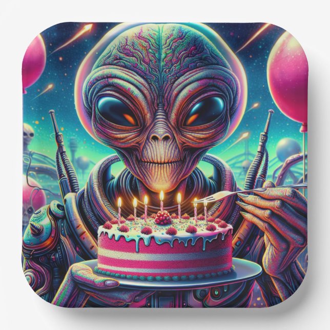 Extraterrestrial Alien Being eating Birthday Cake  Paper Plate (Front)
