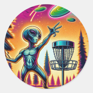 Extraterrestrial Alien Disc Golfing Classic Round Sticker