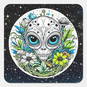 Extraterrestrial Alien in Flowers Square Sticker