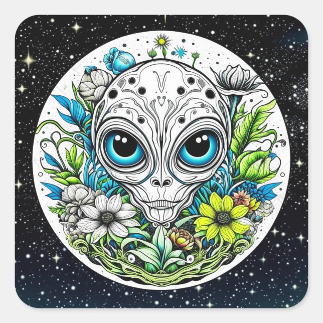 Extraterrestrial Alien in Flowers  Square Sticker (Front)