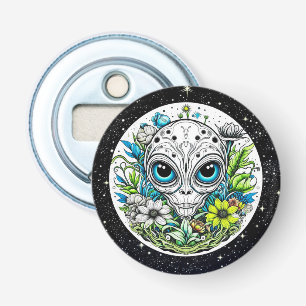 Extraterrestrial Alien in Flowers Starry Night Bottle Opener