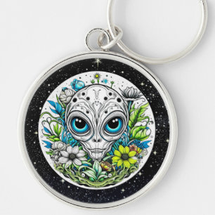 Extraterrestrial Alien in Flowers Starry Night Key Ring
