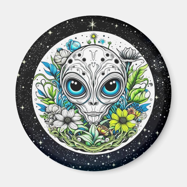 Extraterrestrial Alien in Flowers Starry Night Magnet (Front)