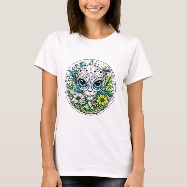 Extraterrestrial Alien in Flowers Starry Night T-Shirt (Front)