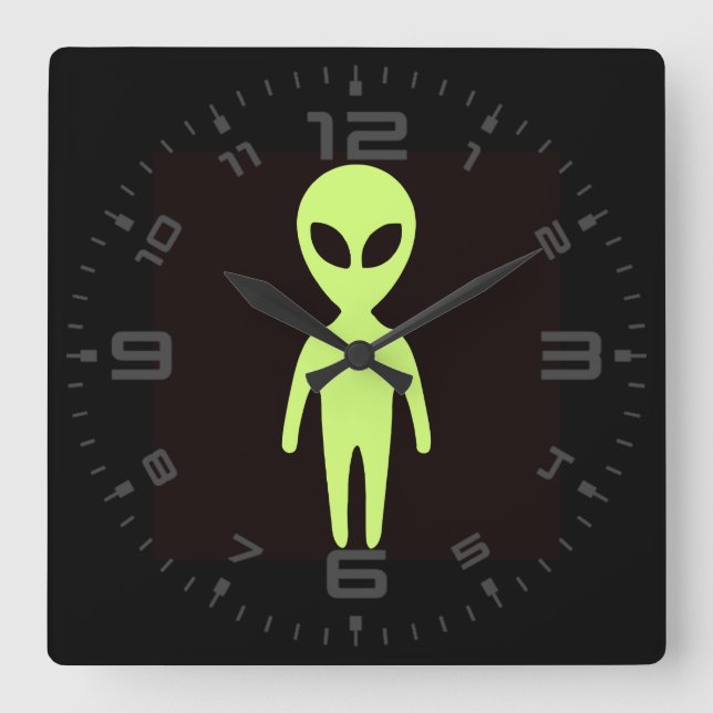 Extraterrestrial Alien Little Green Man Black Square Wall Clock (Front)