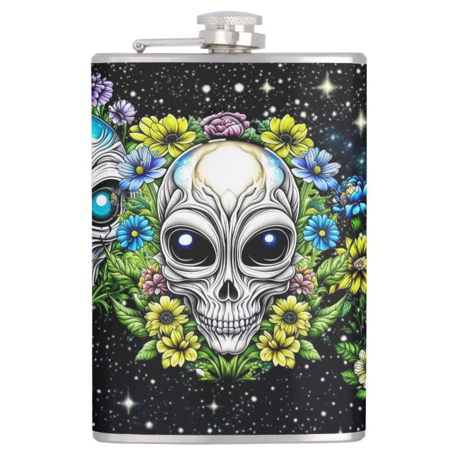 Extraterrestrial Alien Skulls and Flowers  Hip Flask (Front)