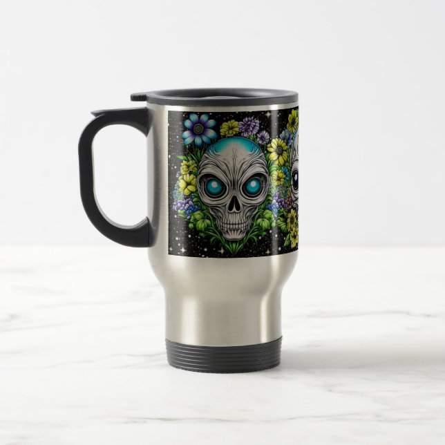 Extraterrestrial Alien Skulls and Flowers  Travel Mug (Left)