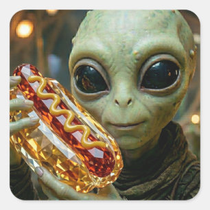 Extraterrestrial Alien with Crystalline Hotdog Square Sticker