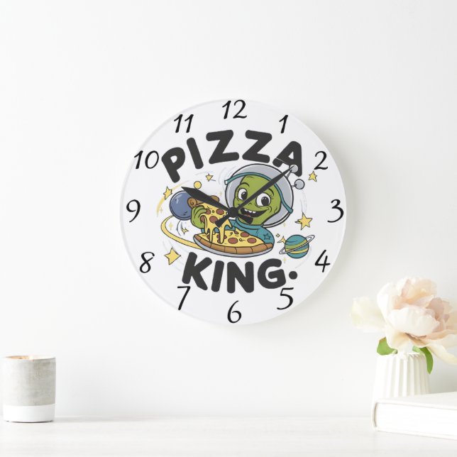 Extraterrestrial Delight: Alien Devouring Pizza Large Clock (Home)