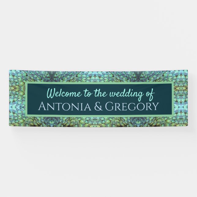 Extravagant Aqua Vibrant Peacock Feathers Wedding Banner (Horizontal)