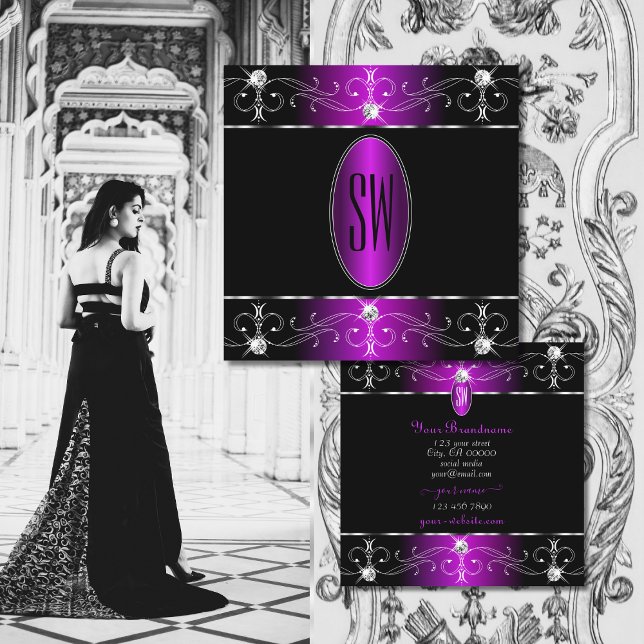Extravagant Black Purple Ornate Ornaments Initials Square Business Card (Creator Uploaded)