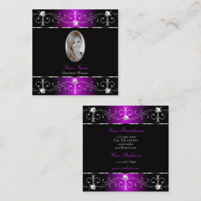 Extravagant Black Purple Ornate Ornaments Photo Square Business Card (Front/Back)