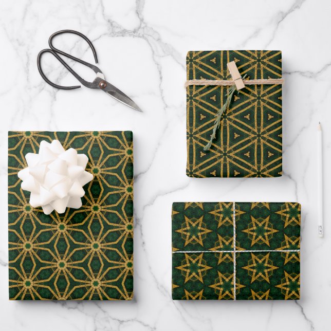 Extravagant Emerald Green and Gold Christmas Wrapping Paper Sheet (Front)