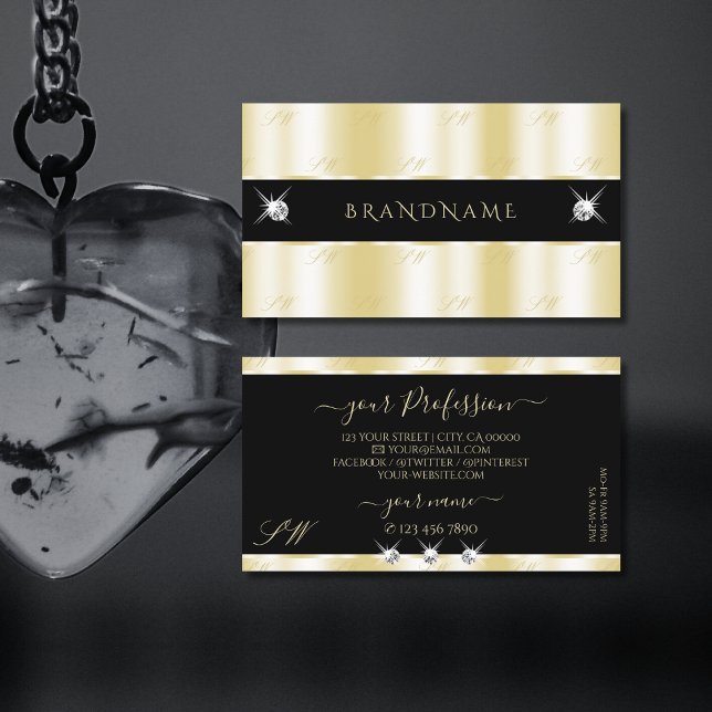 Extravagant Gold Black Sparkling Diamonds Monogram Business Card (Creator Uploaded)