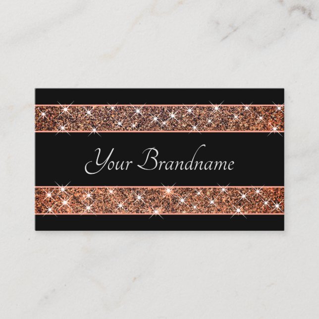 Extravagant Rose Gold Glitter Spark Stars on Black Business Card (Front)