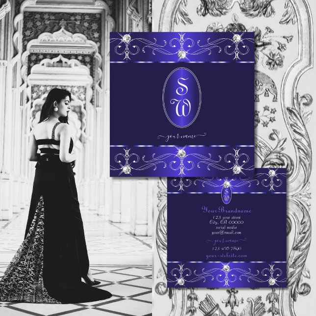 Extravagant Royal Blue Ornate Ornaments Initials Square Business Card (Creator Uploaded)