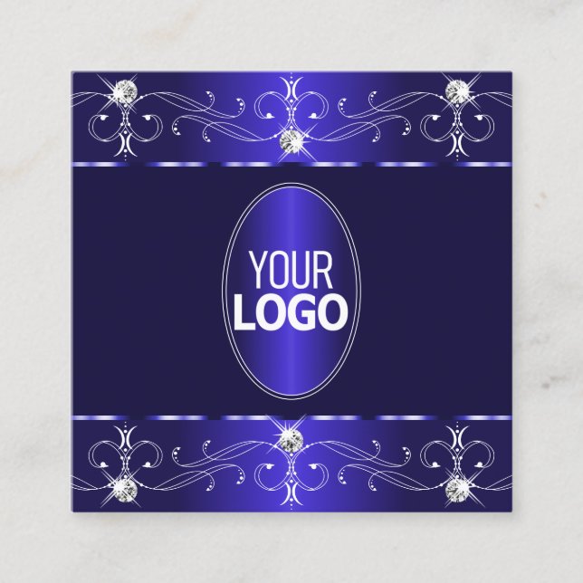 Extravagant Royal Blue Ornate Ornaments with Logo Square Business Card (Front)