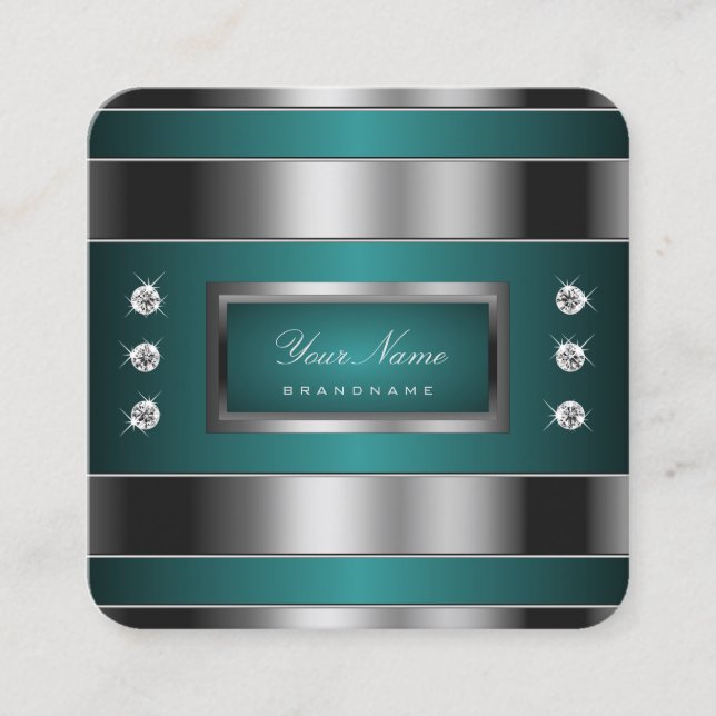Extravagant Silver and Teal with Faux Rhinestones Square Business Card (Front)