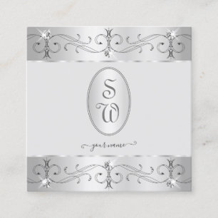 Extravagant Silver Grey Ornate Ornaments Monogram Square Business Card