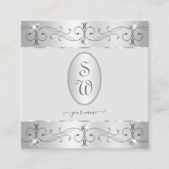 Extravagant Silver Grey Ornate Ornaments Monogram Square Business Card (Front)