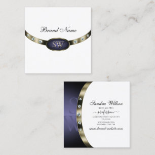 Extravagant White Blue Silver Chrome with Monogram Square Business Card
