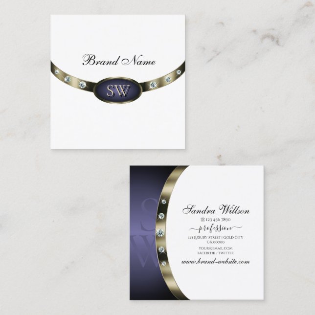Extravagant White Blue Silver Chrome with Monogram Square Business Card (Front/Back)