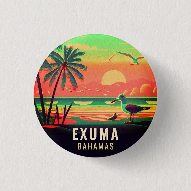Exuma Bahamas Retro Sunset Seagull Souvenir 1950s 3 Cm Round Badge (Front)