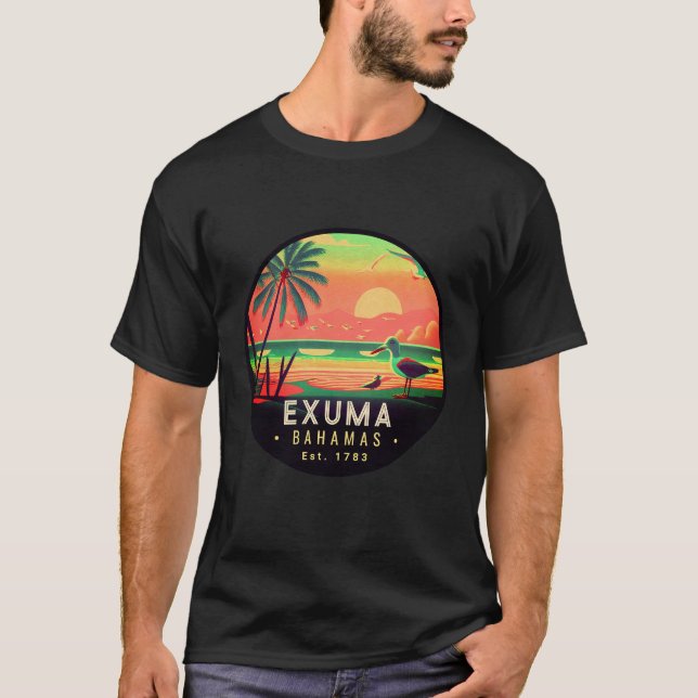 Exuma Bahamas Retro Sunset Seagull Souvenir 1950s T-Shirt (Front)