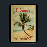 Exuma Palm Tree Vintage Travel Magnet<br><div class="desc">A uniquely retro mid-century modern Exuma Bahamas art print in vintage travel poster style. It features a curved palm tree on sandy beach with ocean under a blue cloudy sky.</div>