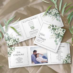 Eycalyptus and white flowers floral wedding Tri-Fold programme