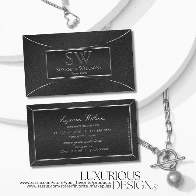 Eye Catcher Black Snake Silver Decor with Monogram Business Card (Creator Uploaded)