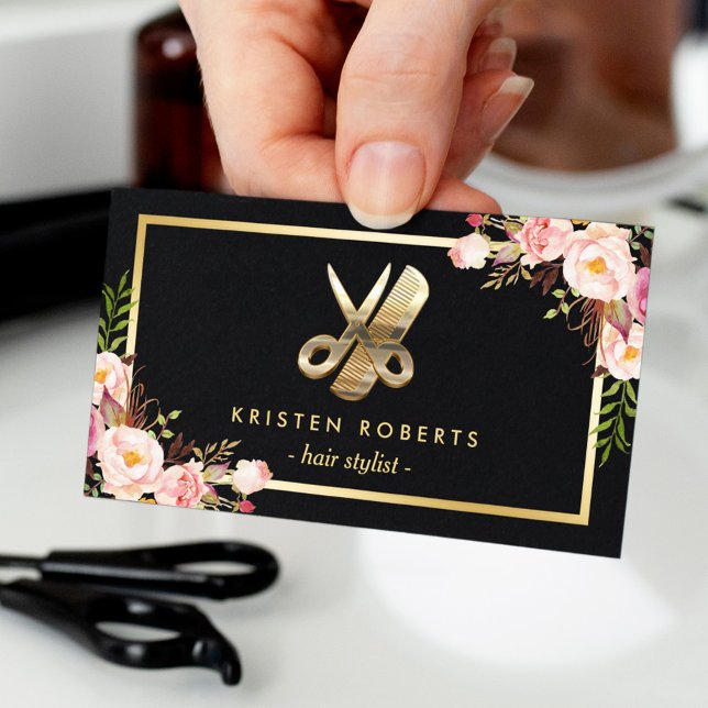 Eye Catching 3D Gold Scissors Hair Stylist Floral Business Card (Creator Uploaded)