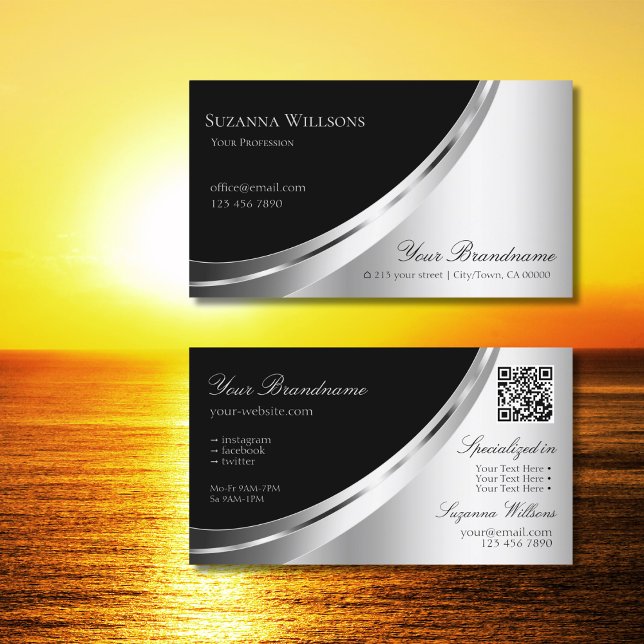 Eye Catching Black and Silver Decor with QR Code Business Card (Creator Uploaded)