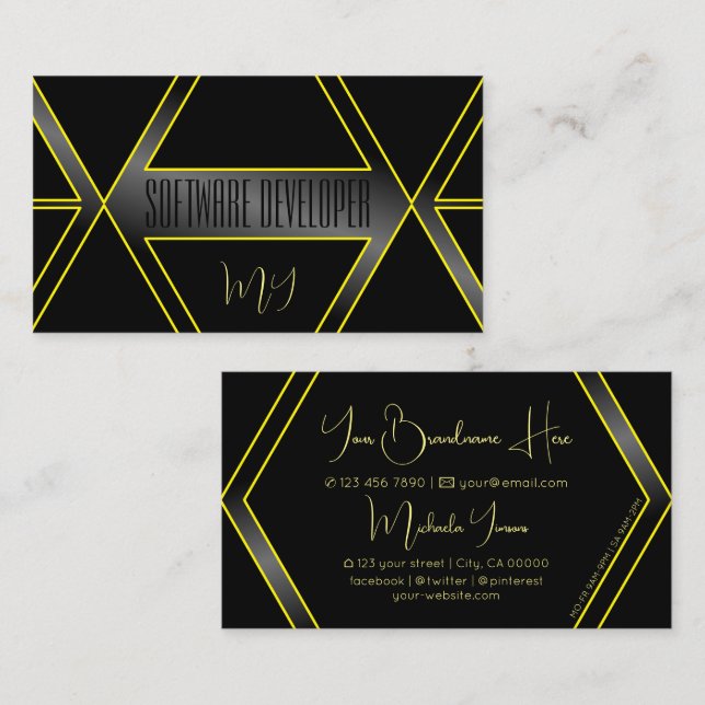 Eye Catching Black and Yellow Flashy with Monogram Business Card (Front/Back)
