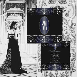 Eye Catching Black Blue Ornate Ornaments Initials Square Business Card