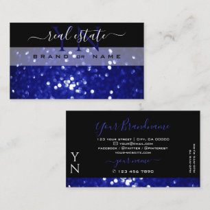 Eye Catching Black Blue Sparkling Glitter Monogram Business Card