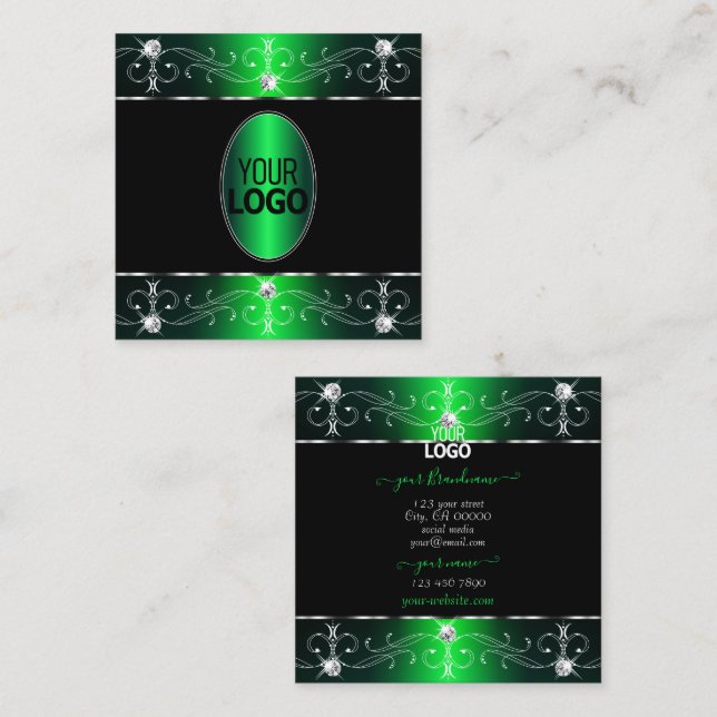Eye Catching Black Green Ornate Ornaments Add Logo Square Business Card (Front/Back)