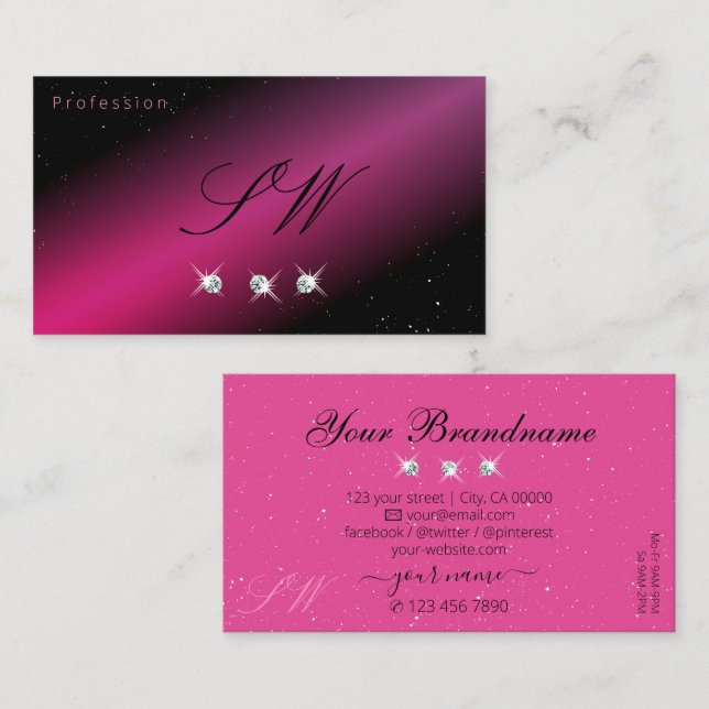 Eye Catching Black Pink Sparkle Diamonds Initials Business Card (Front/Back)
