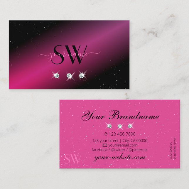 Eye Catching Black Pink Sparkle Diamonds Monogram Business Card (Front/Back)