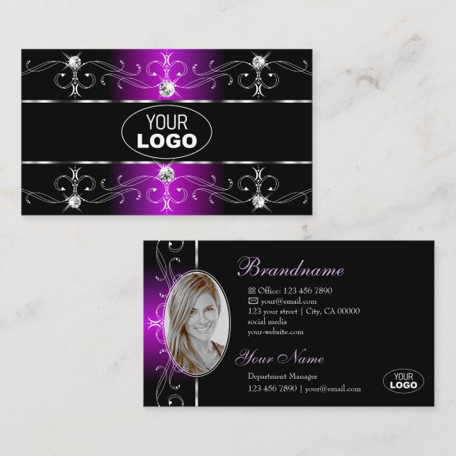 Eye Catching Black Purple Ornate Borders Logo Foto Business Card (Front/Back)