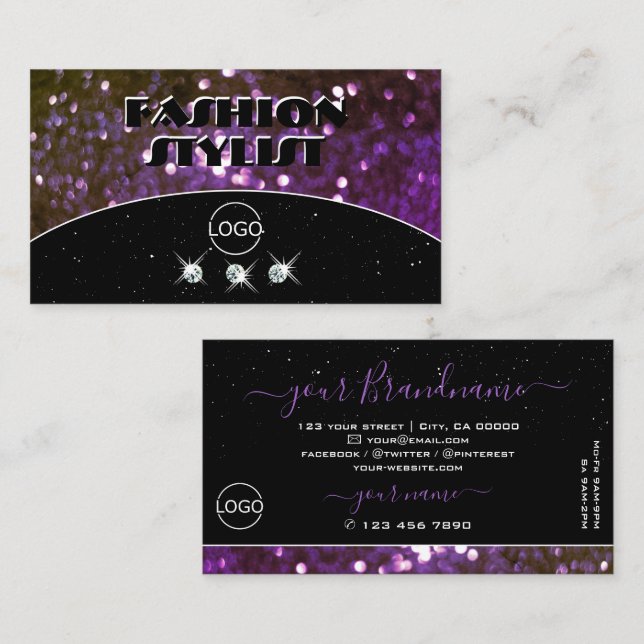 Eye Catching Black Purple Sparkle Glitter Add Logo Business Card (Front/Back)