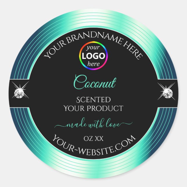 Eye Catching Black Shiny Teal Logo Product Label (Front)