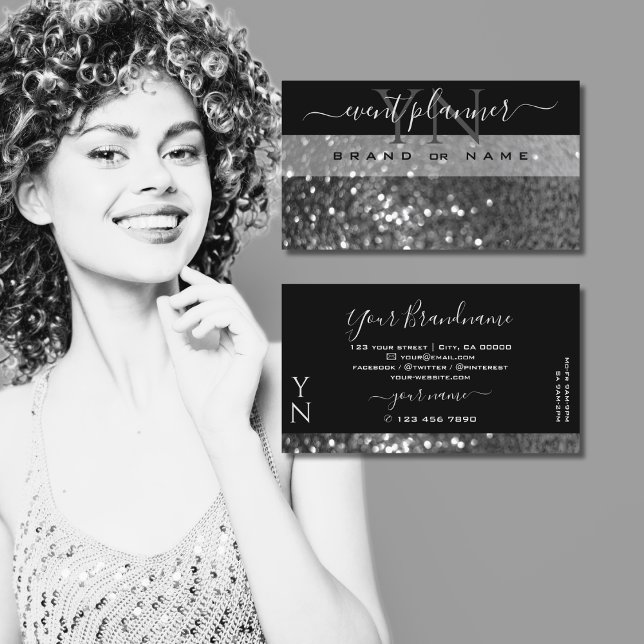 Eye Catching Black Silver Sparkle Glitter Monogram Business Card (Creator Uploaded)