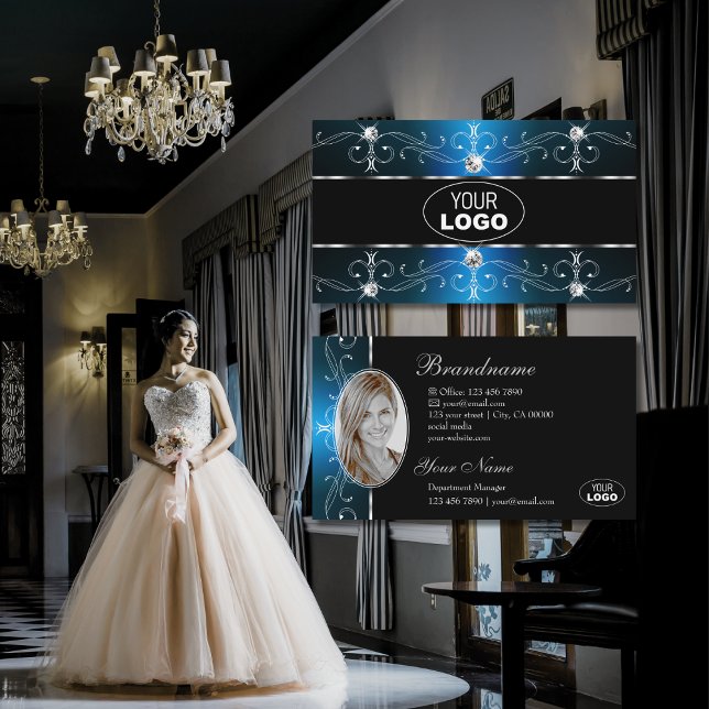 Eye Catching Black Teal Ornate Borders Logo & Foto Business Card (Creator Uploaded)